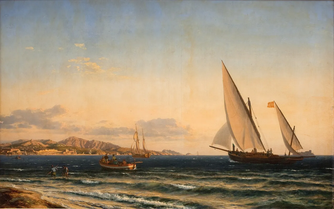 Aften ved Middelhavet. I baggrunden Marseille og øen If (1854) by Emanuel Larsen — original painting reproduced as a hand-painted oil on canvas