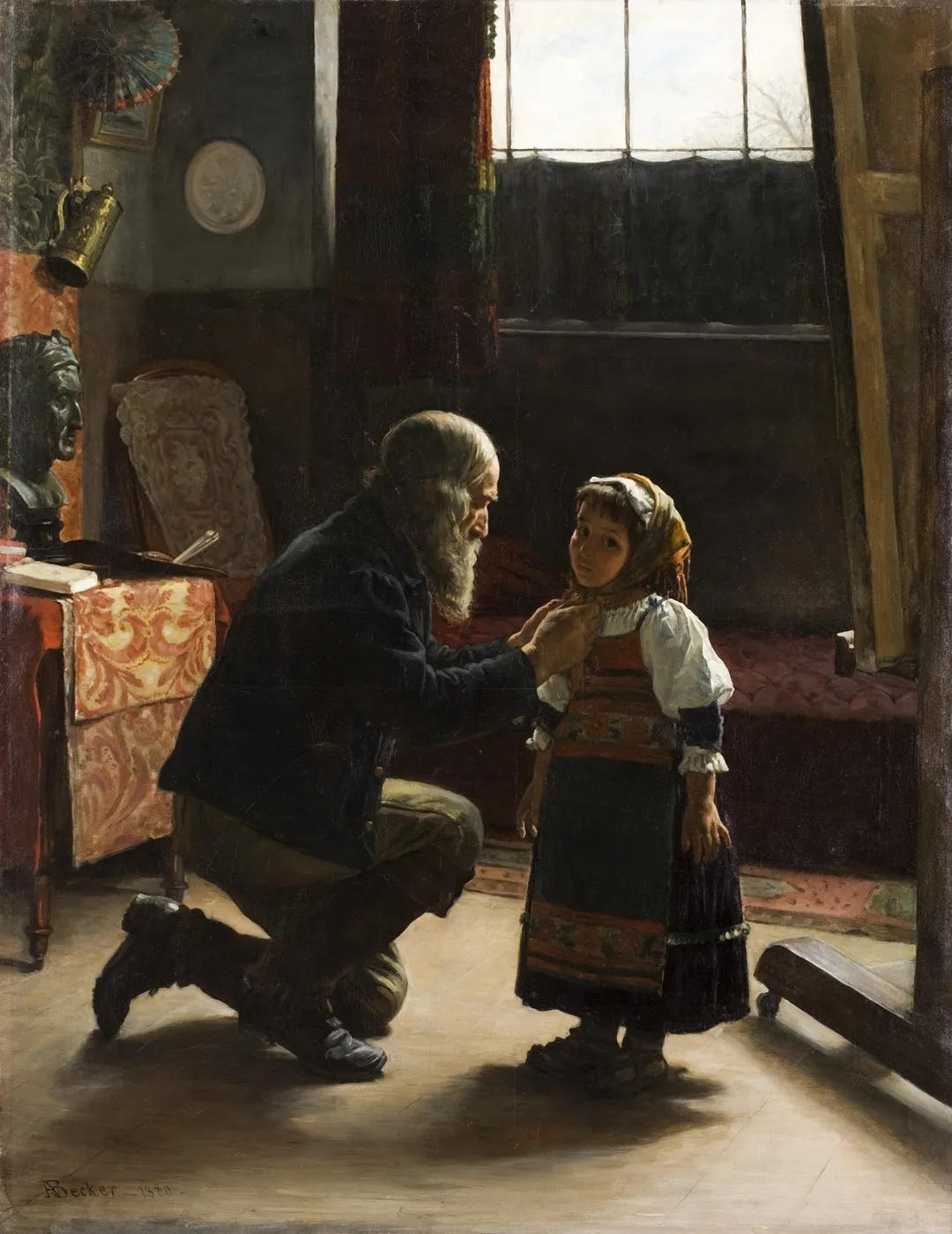 After Modeling (1880) by Adolf von Becker — original painting reproduced as a hand-painted oil on canvas