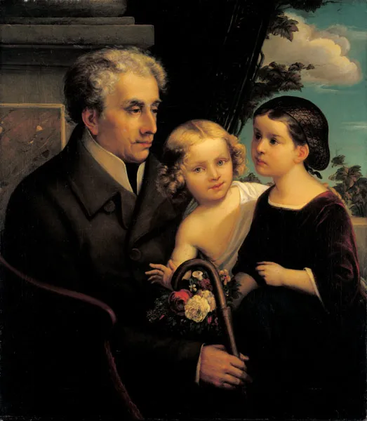 Alexander Haindorf and two of his grandchildren (1854) by Caspar Görke — original painting reproduced as a hand-painted oil on canvas