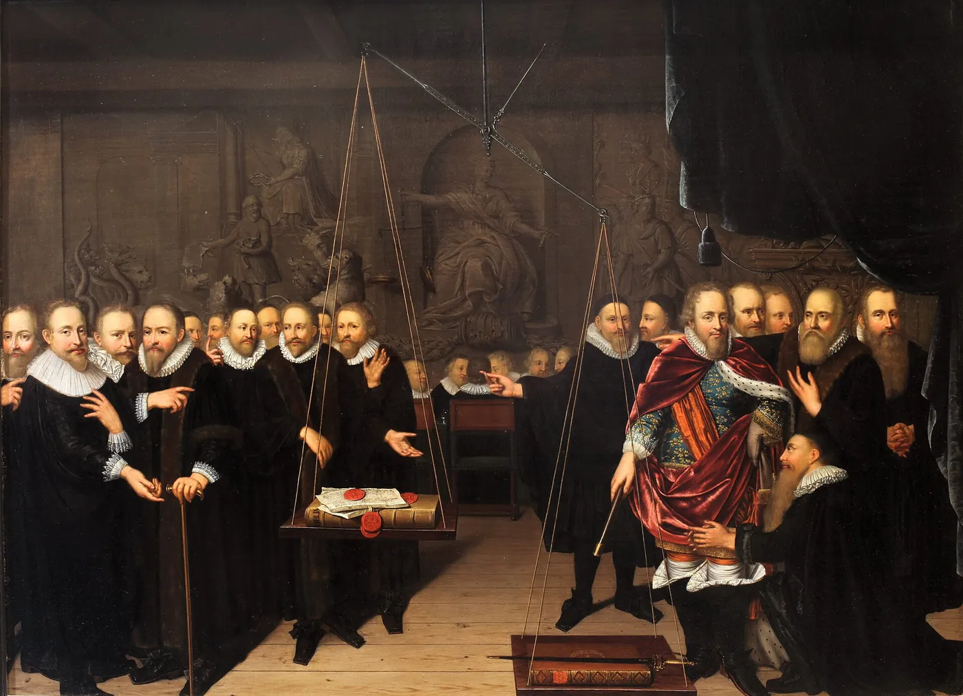 Allegory of the theological dispute between the Arminianists and their opponents (1721) by Abraham van der Eyk — original painting reproduced as a hand-painted oil on canvas