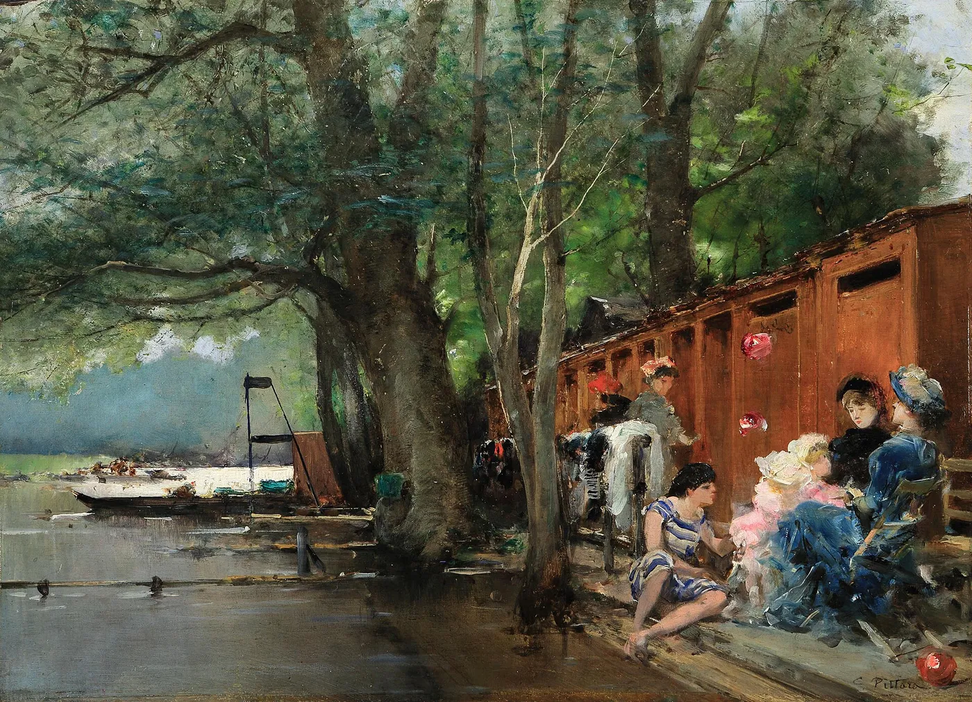 Along the Seine, Paris (1880) by Carlo Pittara — original painting reproduced as a hand-painted oil on canvas
