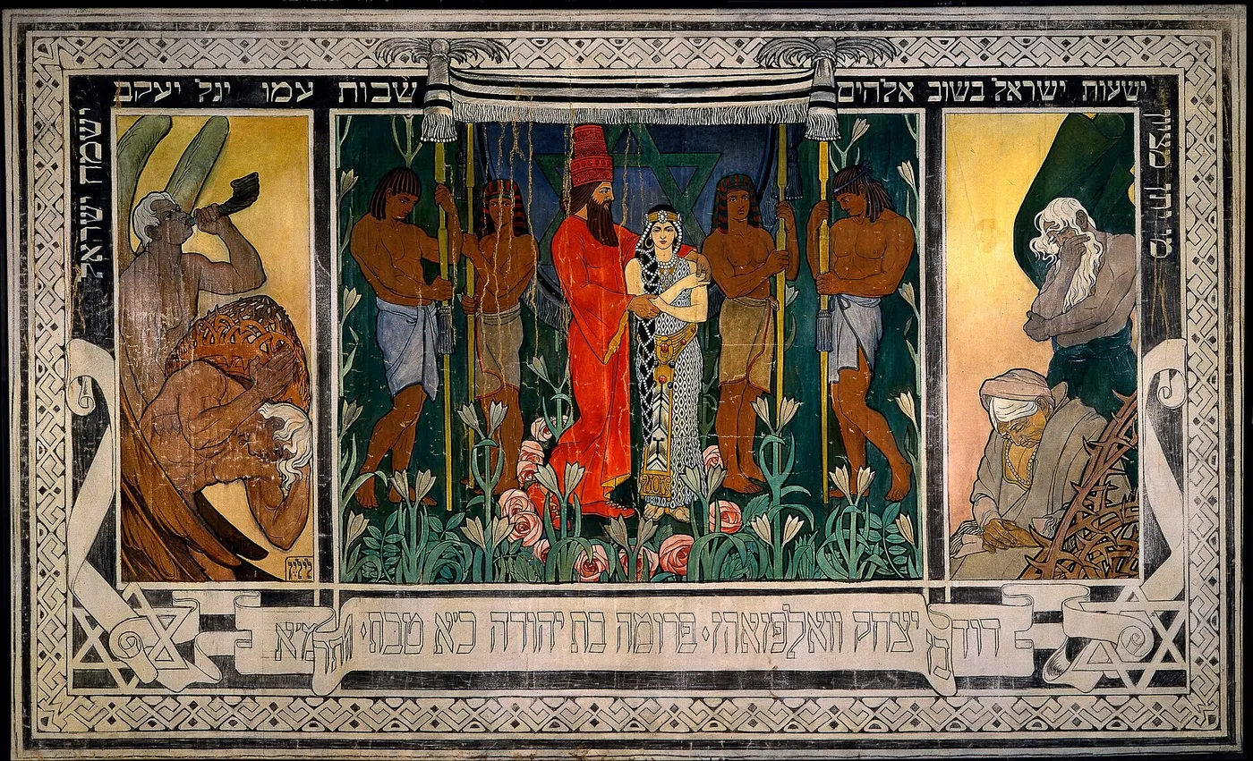 An Allegorical Wedding- Sketch for a carpet dedicated to Mr. and Mrs. David Wolffsohn Triptych (from... (1906) by Ephraim Moses Lilien — original painting reproduced as a hand-painted oil on canvas