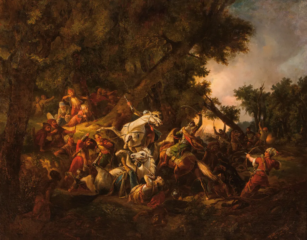 An Ambush (1856) by Feliks Sypniewski — original painting reproduced as a hand-painted oil on canvas