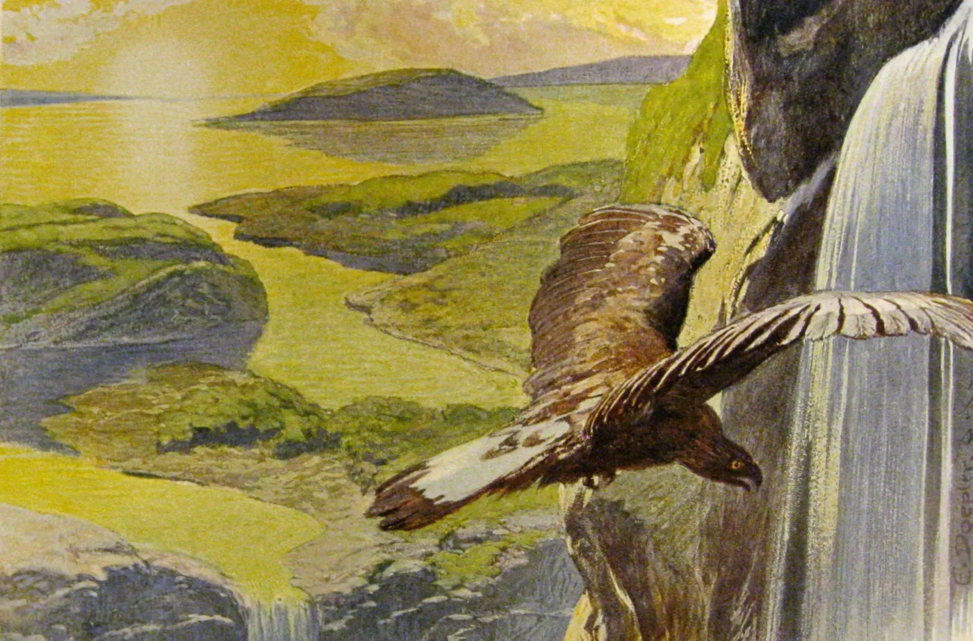 An eagle and a waterfall by Emil Doepler — original painting reproduced as a hand-painted oil on canvas