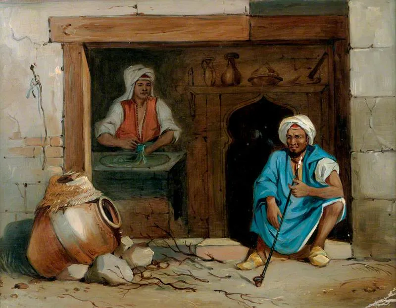 An Egyptian Baker and His Assistant at the Door of a Cake-Shop (1835) by Émile Prisse d'Avennes — original painting reproduced as a hand-painted oil on canvas
