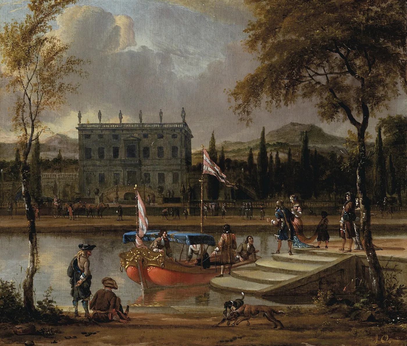 An elegant company embarking onto a barge, a country house beyond by Abraham Storck — original painting reproduced as a hand-painted oil on canvas