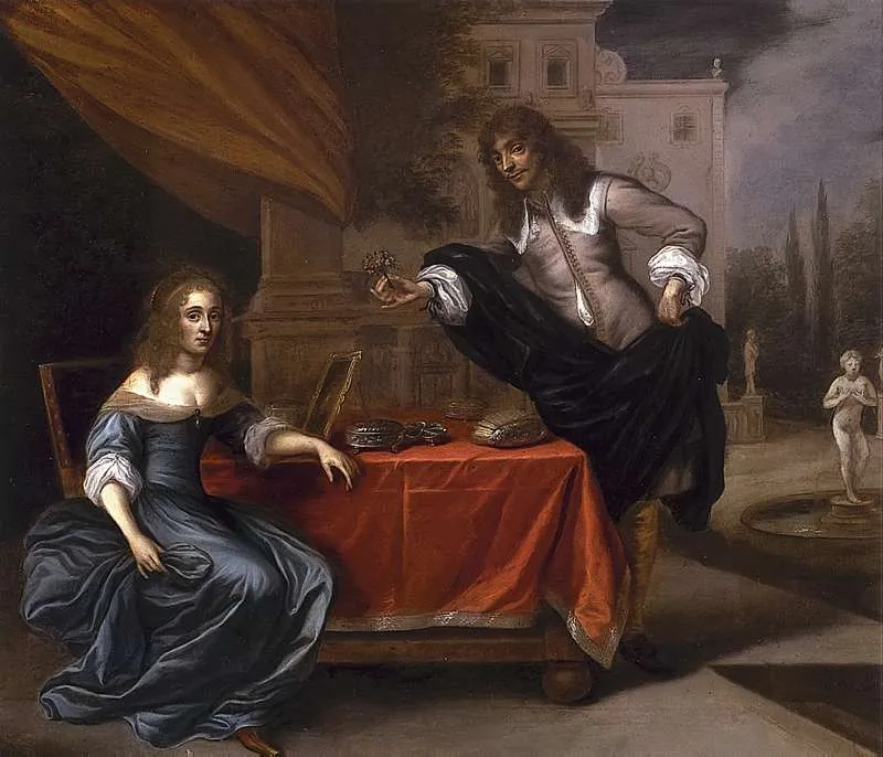 An elegant couple courting in a formal garden (1645) by Carel van Savoyen — original painting reproduced as a hand-painted oil on canvas
