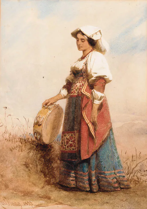 An Italian woman holding a tambourine (1857) by Carl Haag — original painting reproduced as a hand-painted oil on canvas