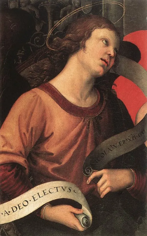 Angel Holding a Phylactery (1500) by Raphael — original painting reproduced as a hand-painted oil on canvas