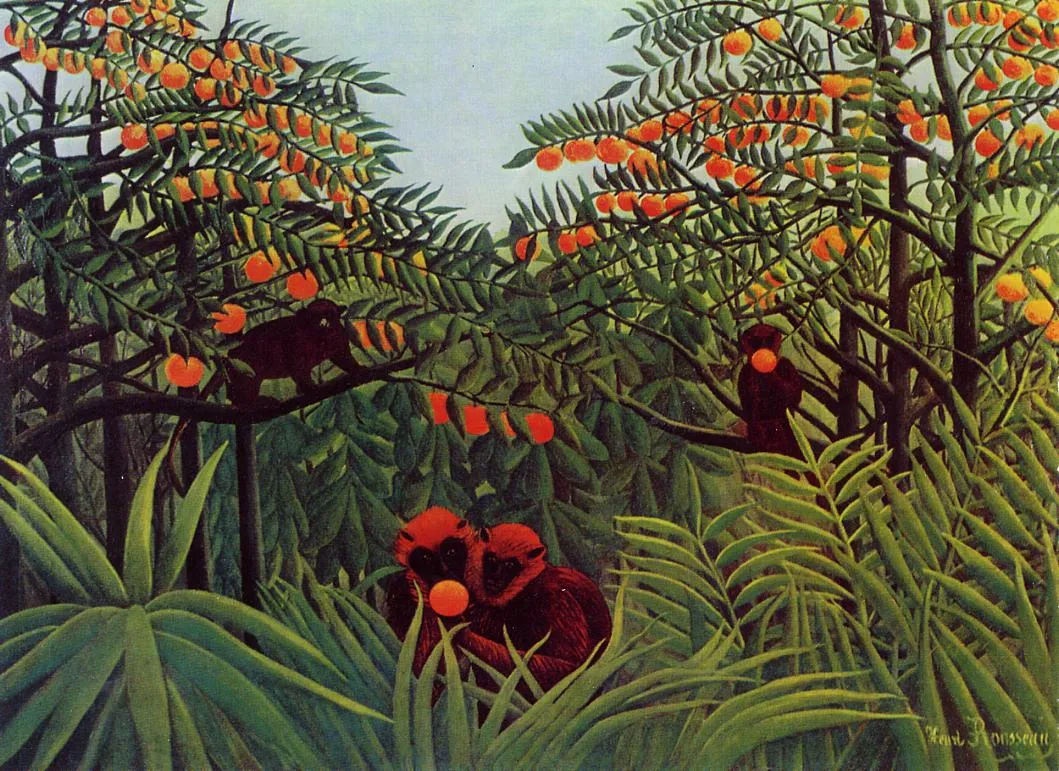 Apes in the Orange Grove (1910) by Henri Rousseau — original painting reproduced as a hand-painted oil on canvas