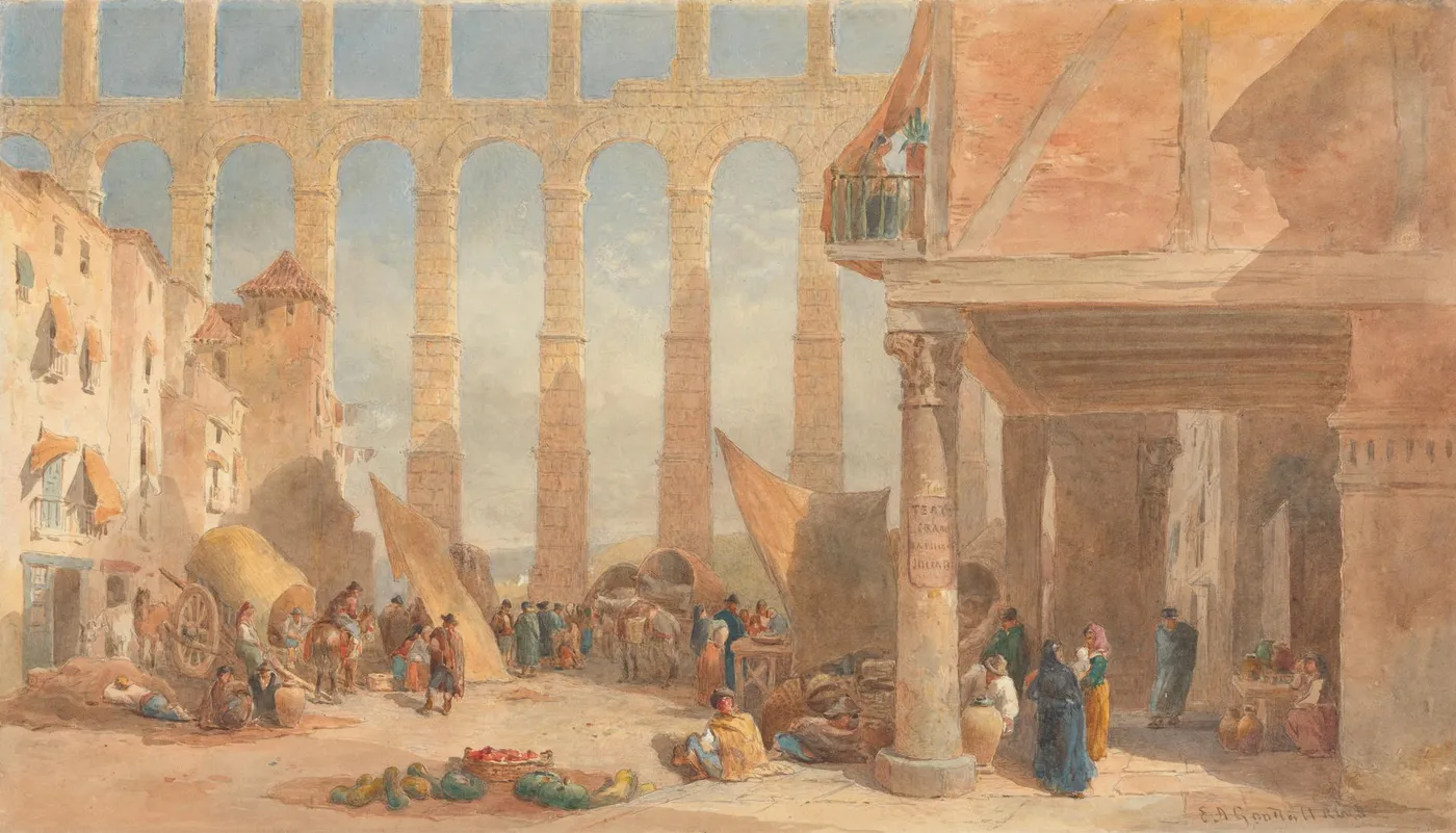 Aquaduct at Segovia, Spain by Edward Angelo Goodall — original watercolour reproduced as a hand-painted oil on canvas