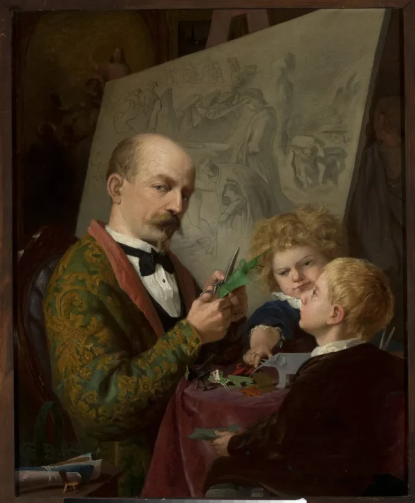 Artist’s self-portrait with children (1870) by Adrian Głębocki — original painting reproduced as a hand-painted oil on canvas
