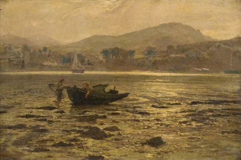 At Low Tide (1879) by Francis Sydney Muschamp — original painting reproduced as a hand-painted oil on canvas