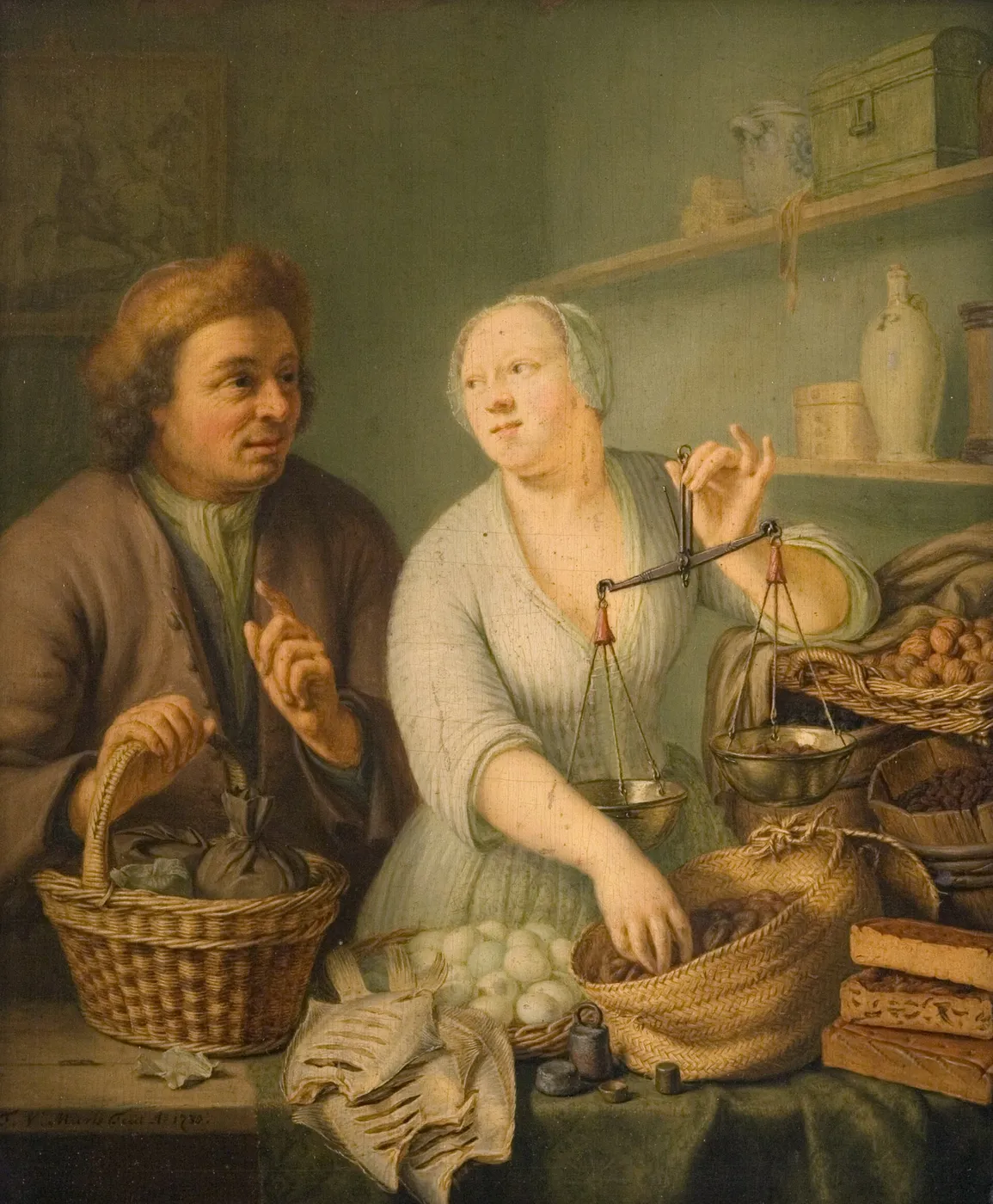 At the Marketwife’s (1738) by Frans van Mieris the Younger — original painting reproduced as a hand-painted oil on canvas
