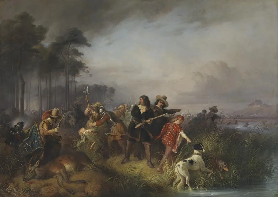 Attack near Dachau in the Thirty Years’ War (1854) by Eugen Hess — original painting reproduced as a hand-painted oil on canvas