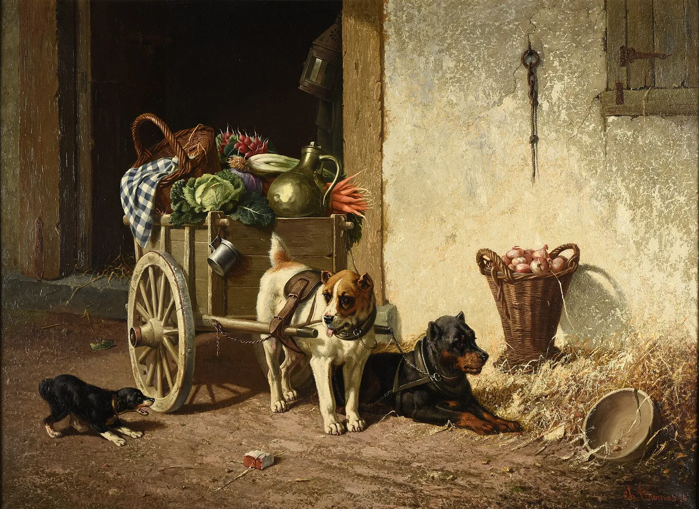Attelage de chiens (1874) by Charles Thomas — original painting reproduced as a hand-painted oil on canvas