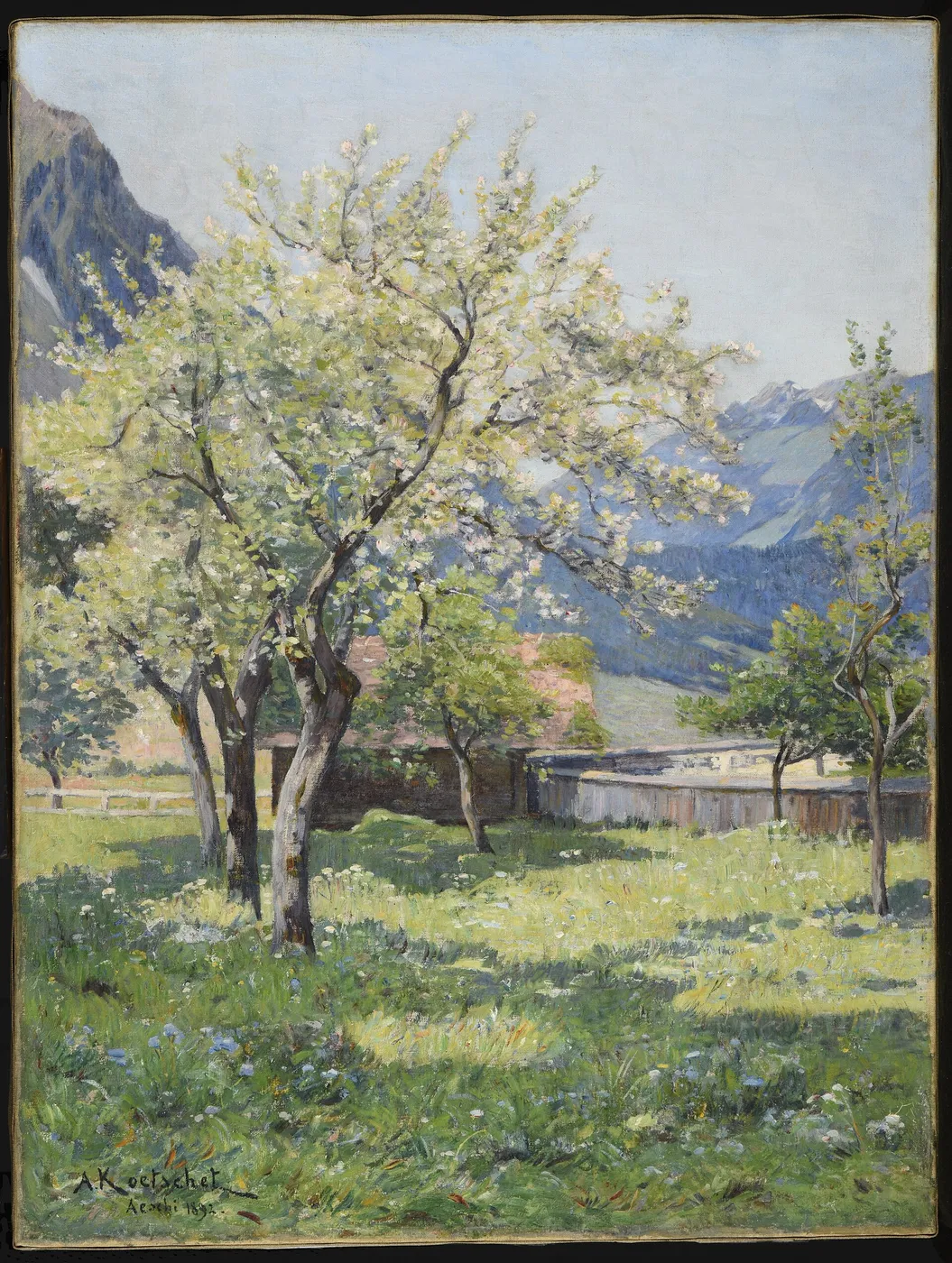 Au printemps à Aeschi (1892) by Achille Koetschet — original painting reproduced as a hand-painted oil on canvas