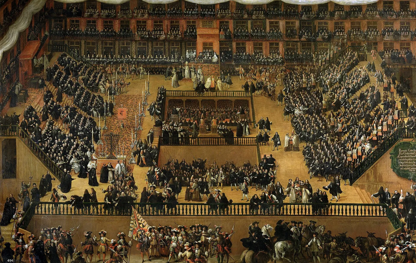 Auto-da-fe on Plaza Mayor, Madrid (1683) by Francisco Rizi — original painting reproduced as a hand-painted oil on canvas