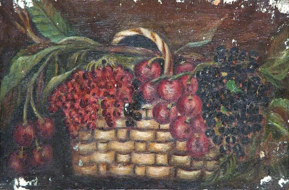 Basket of Cherries and Blackcurrants (1929) by Elizabeth Clasper — original painting reproduced as a hand-painted oil on canvas