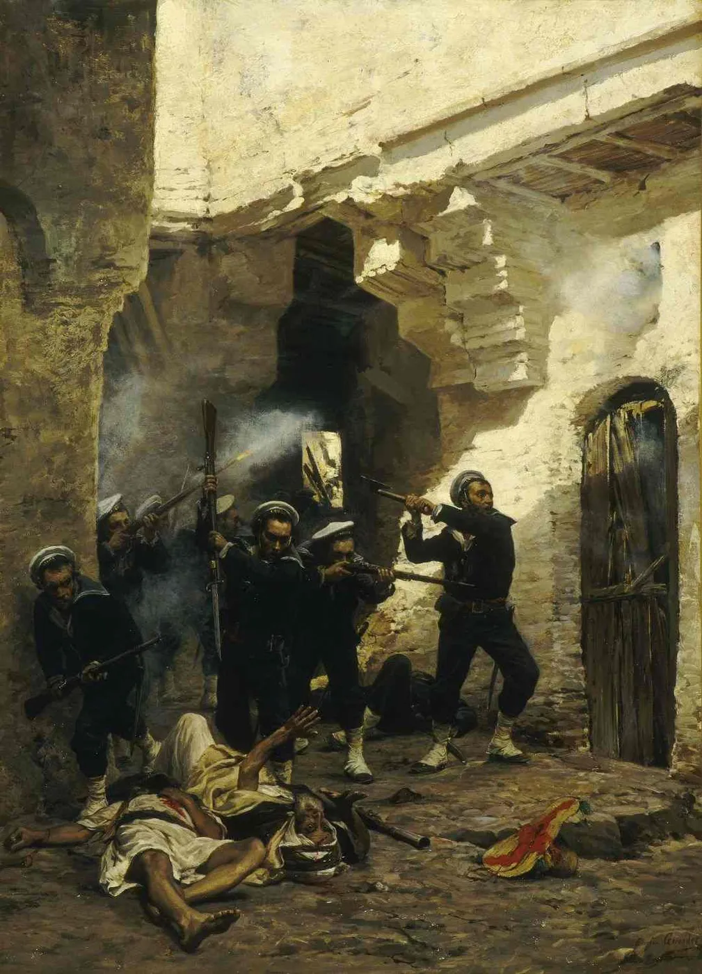 Bataille dans la Casbah (1881) by Eugène Girardet — original painting reproduced as a hand-painted oil on canvas