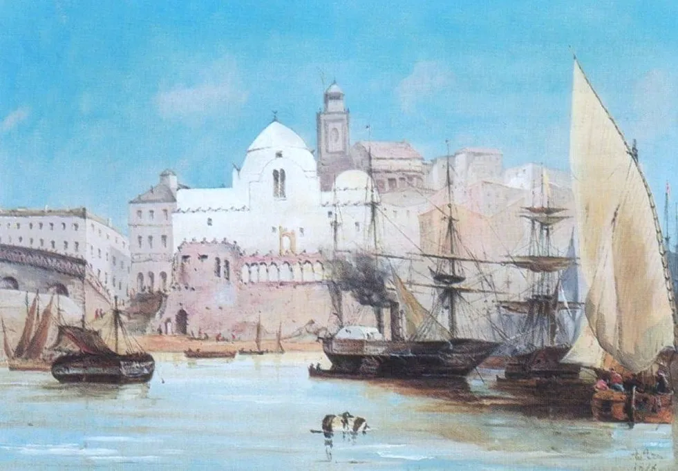 Bateaux dans le port d’Alger. (1884) by Adolphe Aze — original painting reproduced as a hand-painted oil on canvas