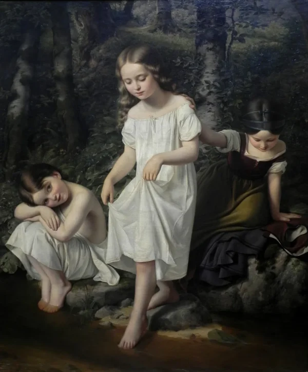Bathing children (1834) by Eduard Steinbrück — original painting reproduced as a hand-painted oil on canvas