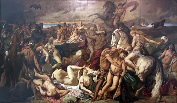 Battle of the Amazons (1870) by Anselm Feuerbach — original painting reproduced as a hand-painted oil on canvas