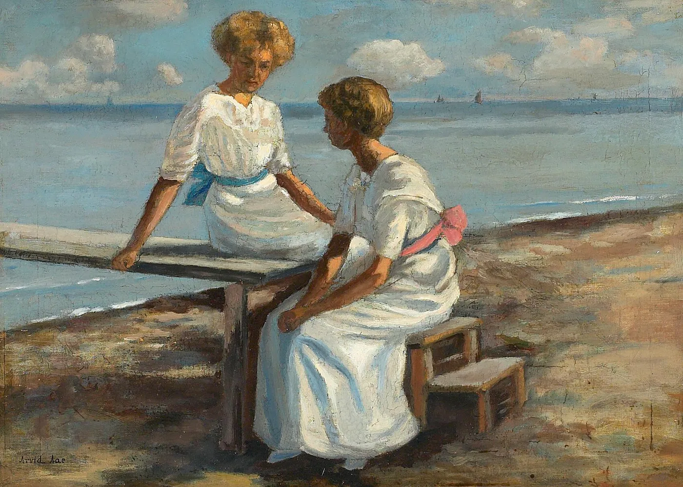 Beach scene with two women in white dresses. — Arvid Aae