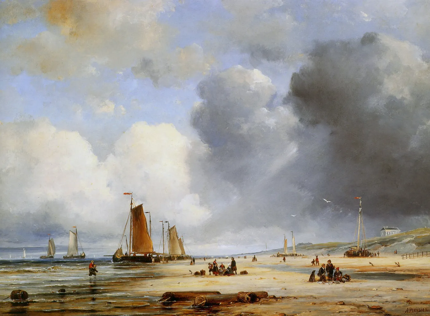 Beach View With Boats by Ary Pleijsier — original painting reproduced as a hand-painted oil on canvas