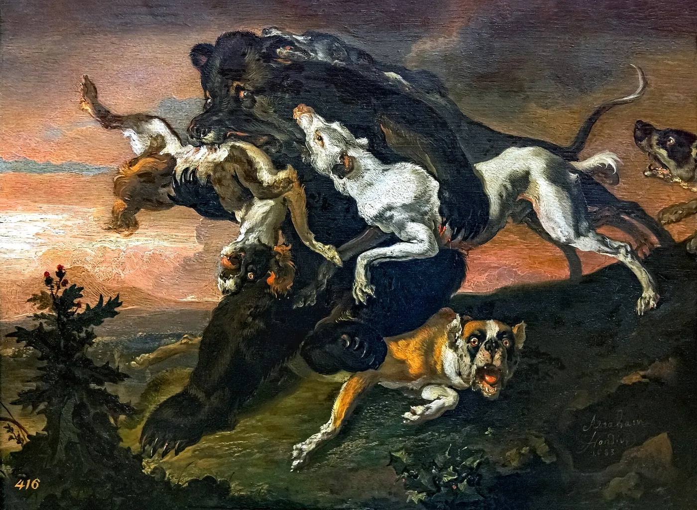 Bear hunting (1683) by Abraham Hondius — original painting reproduced as a hand-painted oil on canvas