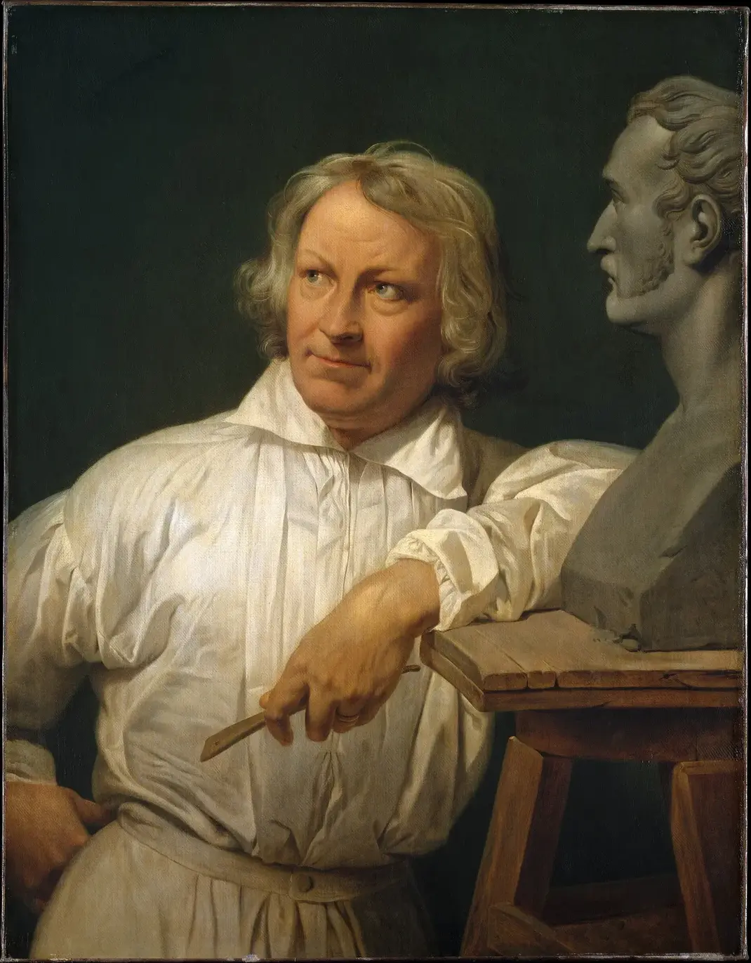 Bertel Thorvaldsen (1768–1844) with the Bust of Horace Vernet (1833) by Horace Vernet — original painting reproduced as a hand-painted oil on canvas