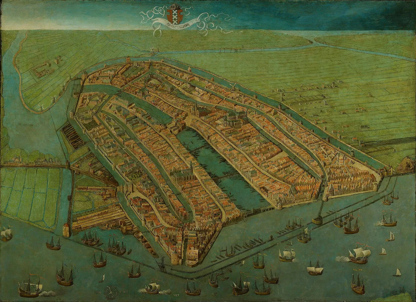 Bird’s-eye View of Amsterdam (1530) by Cornelis Anthonisz — original painting reproduced as a hand-painted oil on canvas