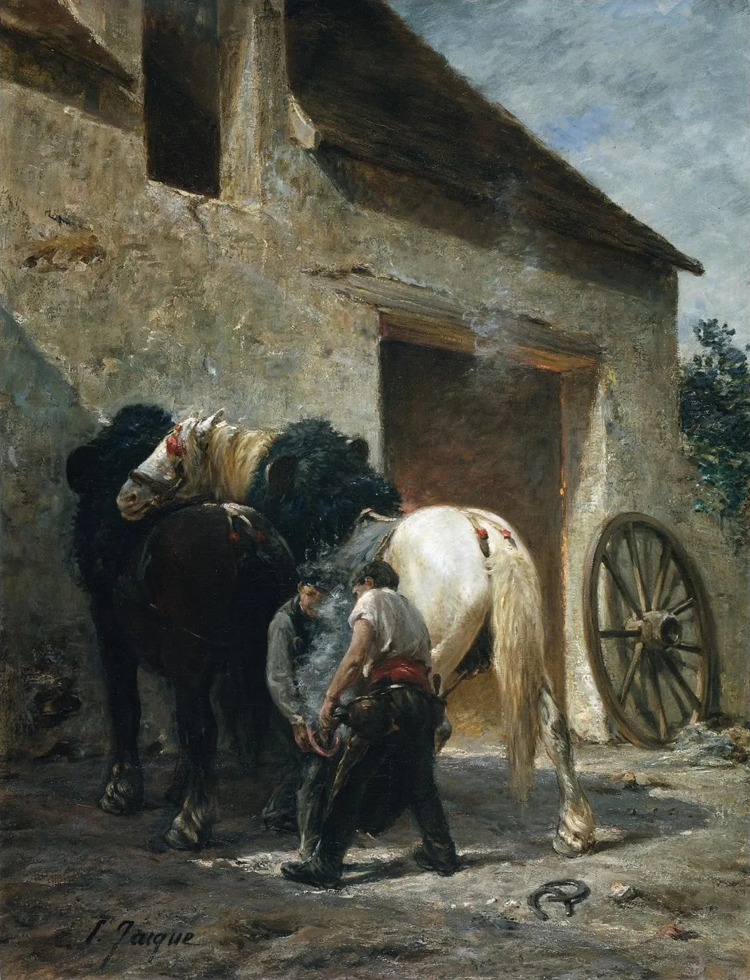 Blacksmiths (1892) by Émile Jacque — original painting reproduced as a hand-painted oil on canvas