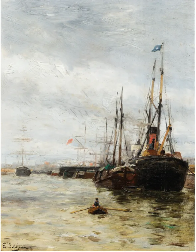 Boats at the Harbor by Edmond Marie Petitjean — original painting reproduced as a hand-painted oil on canvas