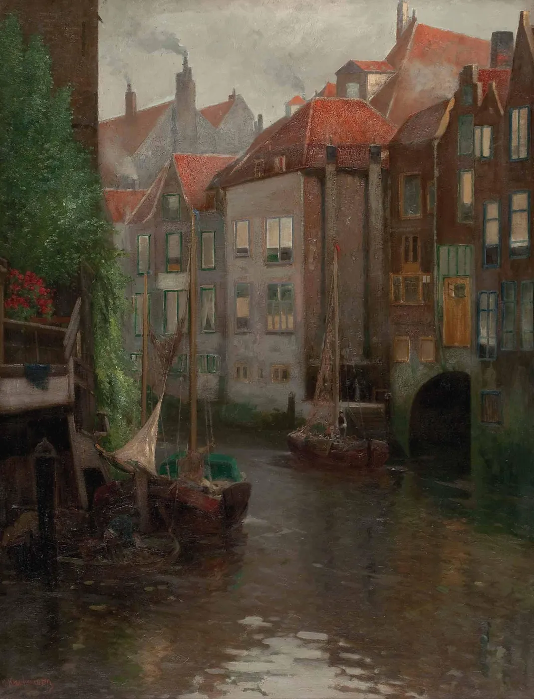 Boats in a Gracht (1916) by Adolf Kaufmann — original painting reproduced as a hand-painted oil on canvas