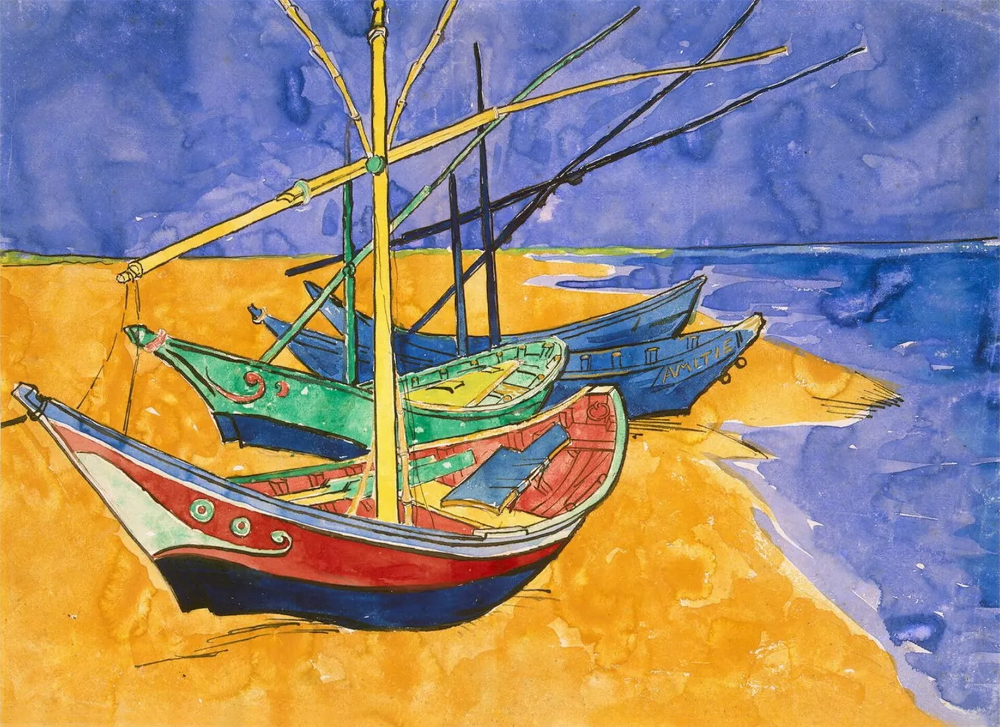 Boats on the Beach of Saintes-Maries (1888) by Vincent van Gogh — original watercolour reproduced as a hand-painted oil on canvas