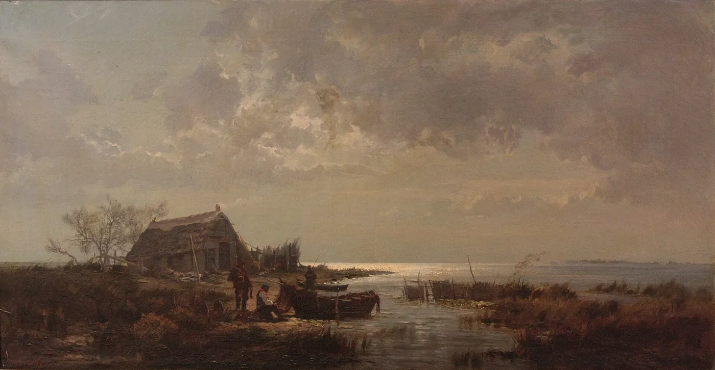 Bords de l’étang en Camargue (1879) by Ernest Georges Chauvier de Léon — original painting reproduced as a hand-painted oil on canvas