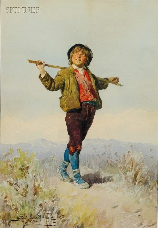 Boy in the Countryside (1904) by Domenico De Angelis — original painting reproduced as a hand-painted oil on canvas