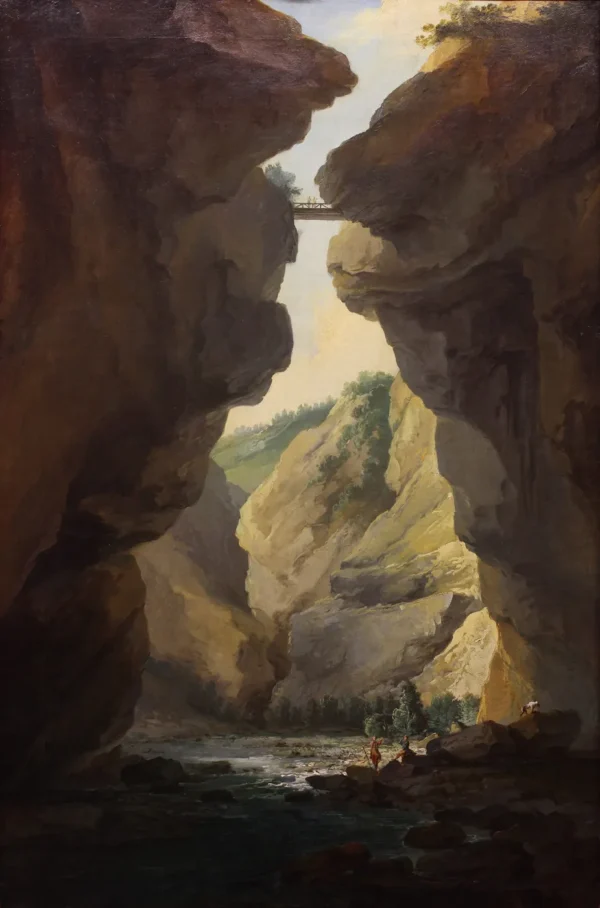 Bridge and Dala Gorge in Leuk, seen upstream (1774) by Caspar Wolf — original painting reproduced as a hand-painted oil on canvas