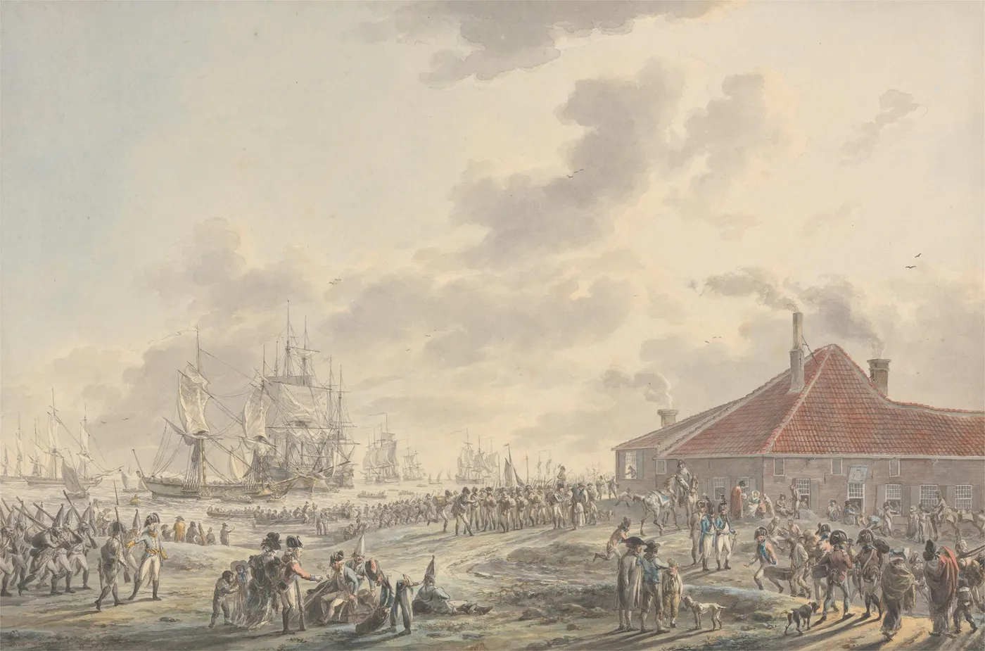 British Troops Disembarking (1799) by Dirk Langendijk — original watercolour reproduced as a hand-painted oil on canvas