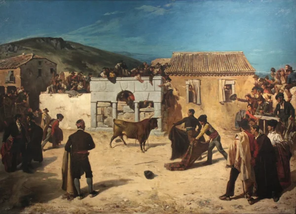 Bullfight, or Novillada at El Escorial (1849) by Alfred Dehodencq — original painting reproduced as a hand-painted oil on canvas