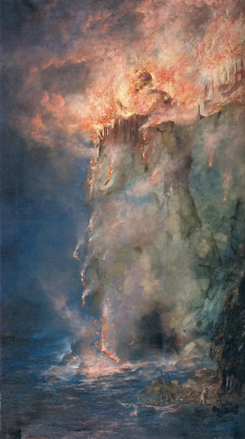 Burning Castle (1897) by August Pezzey — original painting reproduced as a hand-painted oil on canvas