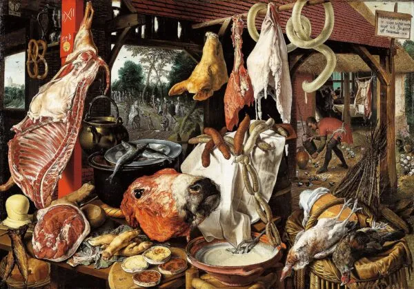 Butcher's Stall with the Flight into Egypt (1551) by Pieter Aertsen — original painting reproduced as a hand-painted oil on canvas