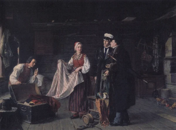 Buying National Dresses at Säkylä (1878) by Arvid Liljelund — original painting reproduced as a hand-painted oil on canvas