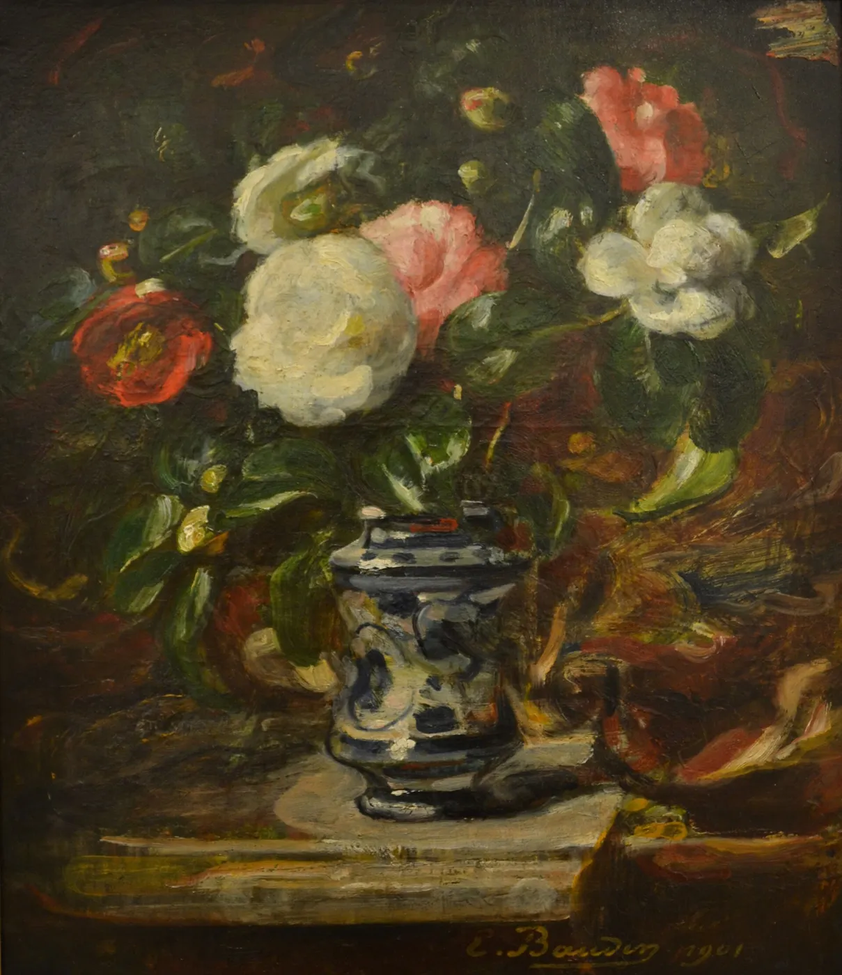 Camellia’s in a Vase (1901) by Eugène Baudin — original painting reproduced as a hand-painted oil on canvas