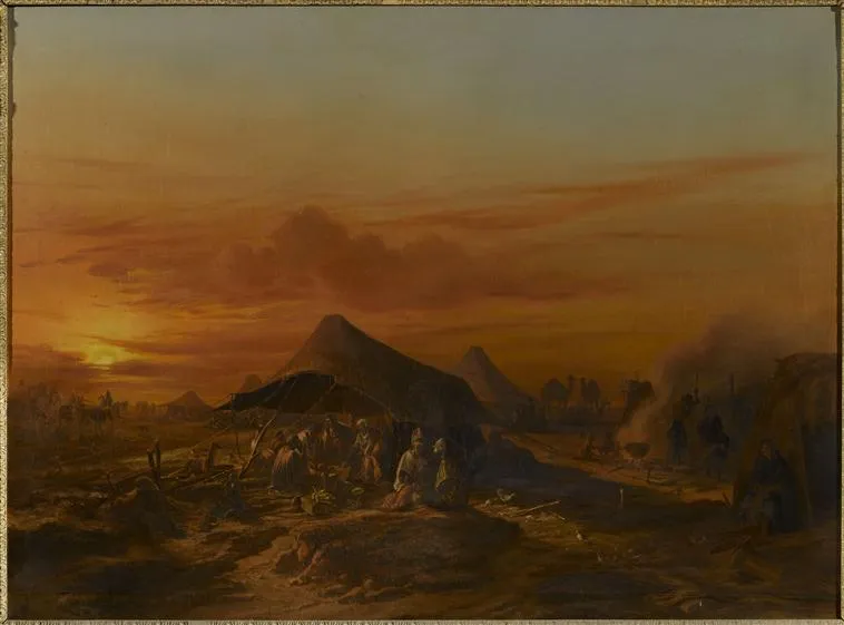 Campement au Sénégal (1845) by Édouard Auguste Nousveaux — original painting reproduced as a hand-painted oil on canvas