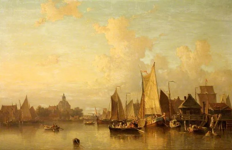 Canal at the Back of Amsterdam, The Netherlands (1855) by Everhardus Koster — original painting reproduced as a hand-painted oil on canvas
