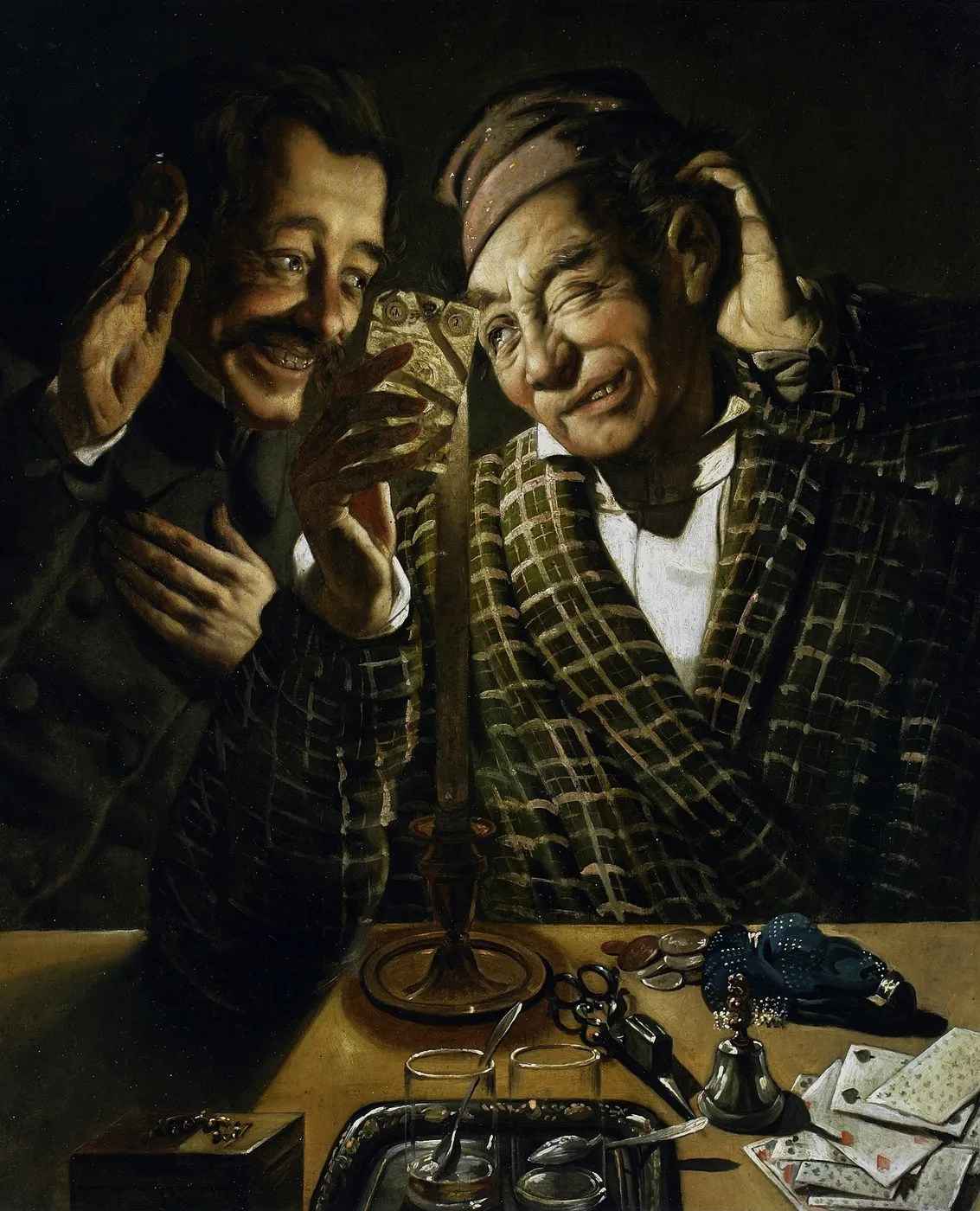 Card Sharpers (1845) by Feliks Pęczarski — original painting reproduced as a hand-painted oil on canvas