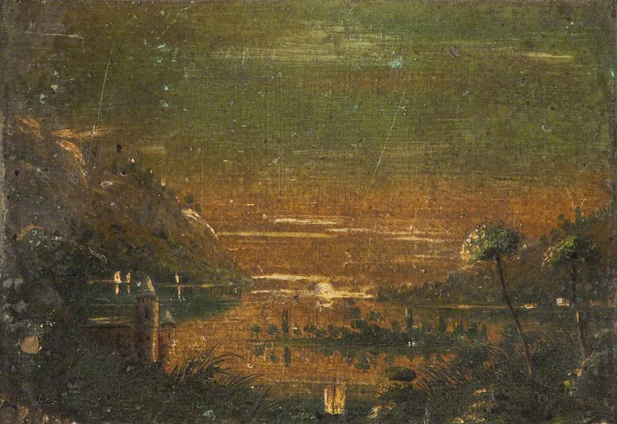 Castle and Lake (1873) by Charles Arthur Gervaise — original painting reproduced as a hand-painted oil on canvas