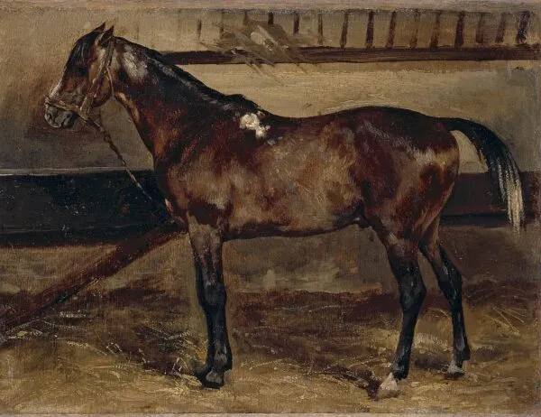 Cheval brun à l'écurie (1818) by Théodore Géricault — original painting reproduced as a hand-painted oil on canvas